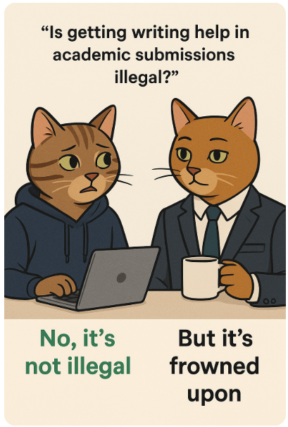 Two cartoon-style cats discussing academic ghostwriting ethics; one is an MBA student at a laptop, the other a business cat in a suit, symbolizing different views on academic writing help.